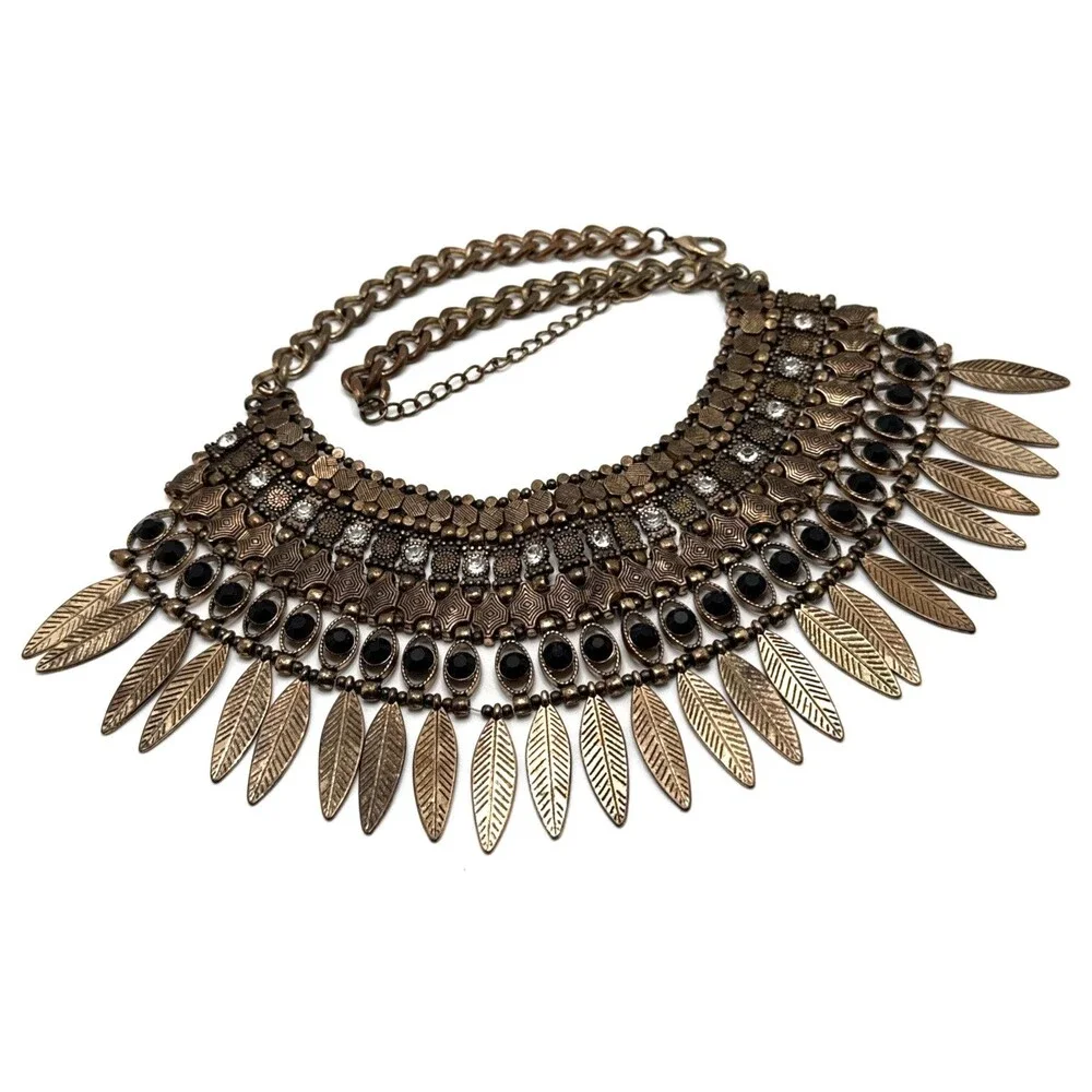 ALDO Boho Statement Bib Necklace Leaf Fringe Distressed Gold Tone Tribal Collar